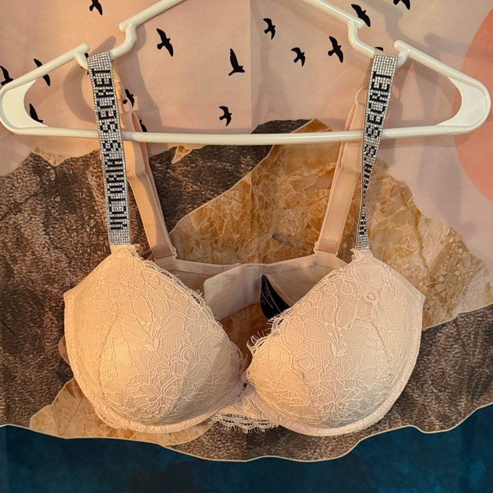 Victoria's Secret Lace Bra with Embellished Straps - Cream/Pink
